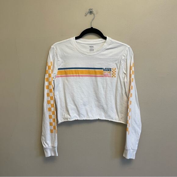 Vans Tops - VANS S long sleeve crop top street wear urban white blue raw hemline race